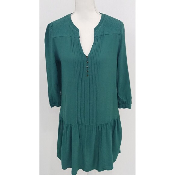 Maeve Anthropology Green Drop Waist Dress Ruffles Quilted Pleated Buttons Size S - Picture 1 of 8